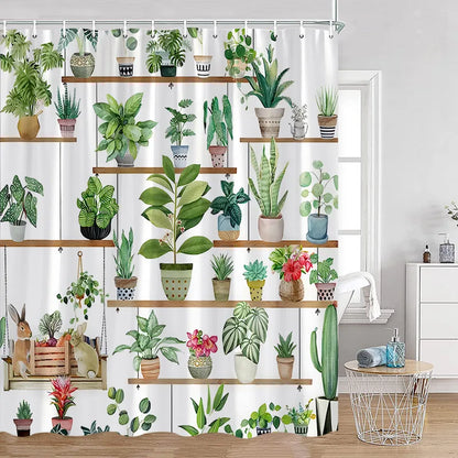 Cute Greenery Print Shower Curtain with Hooks