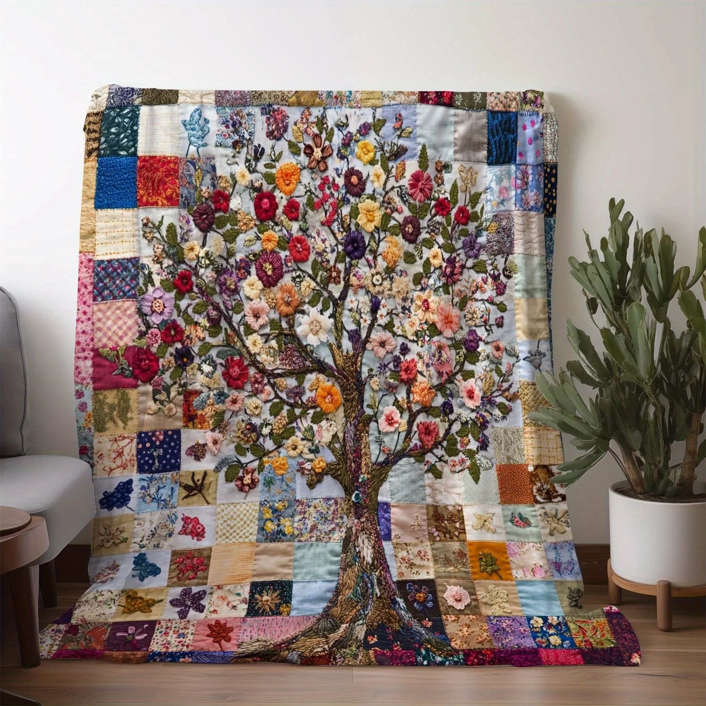 Cozy Colorful Floral Tree Patchwork Flannel Quilt - Soft