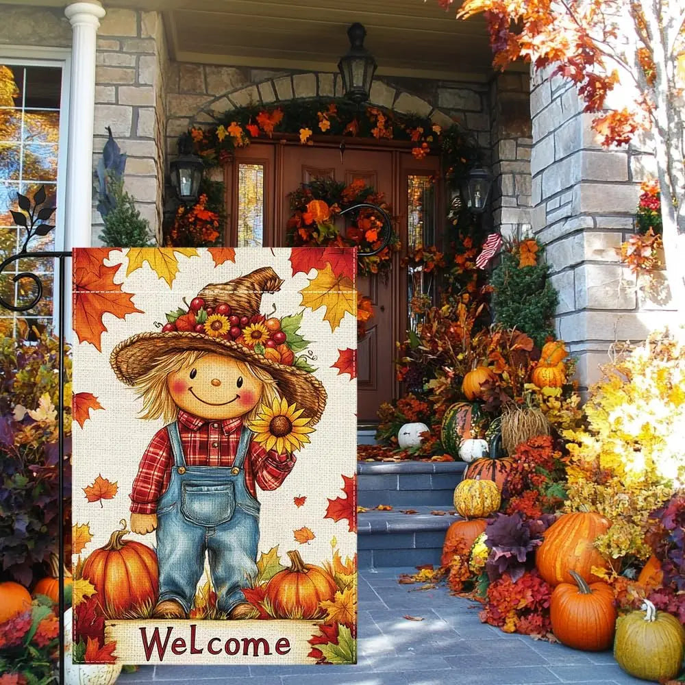 Fall Pumpkin Scarecrow Garden Flag, 12"x18" Double Sided Burlap