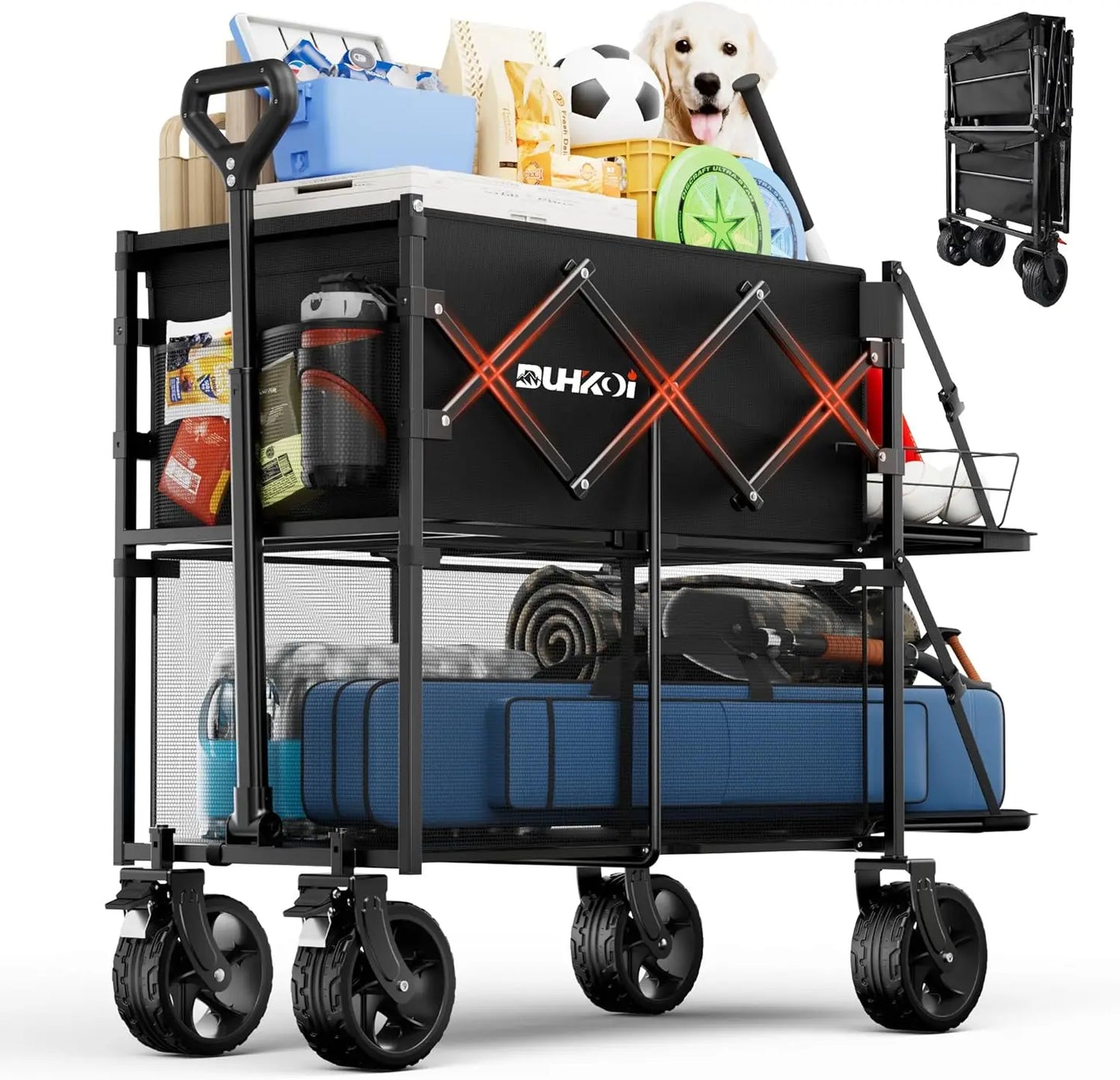 2 Tier 320L Double Decker Collapsible Wagon Cart w/Big Wheels