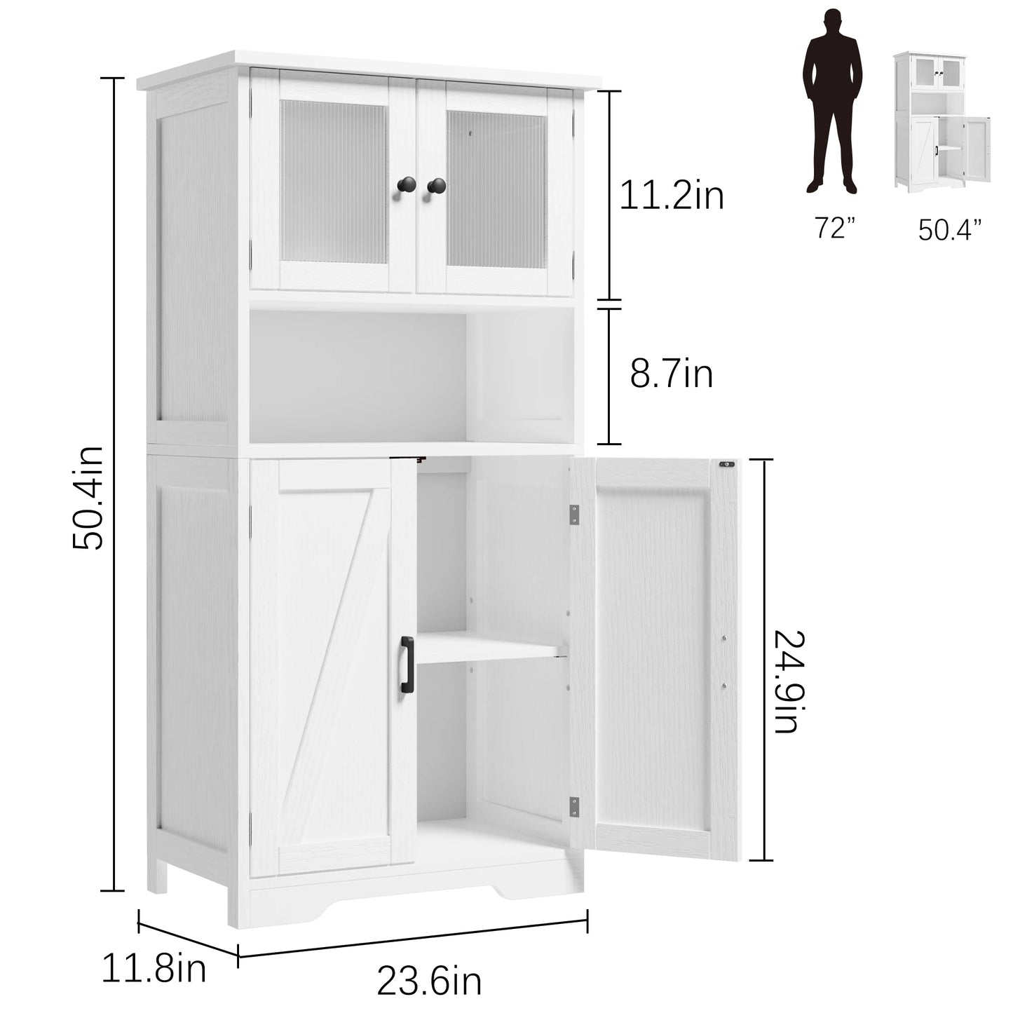 Free Standing Kitchen Pantry w/ 4 Doors, Tempered Glass