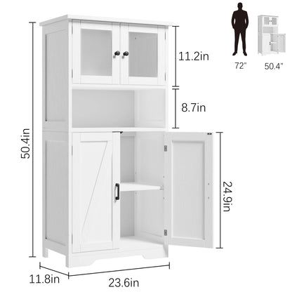 Free Standing Kitchen Pantry w/ 4 Doors, Tempered Glass