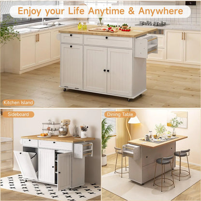 60" Rolling Kitchen Island Table, Drop Leaf w/Power Outlet