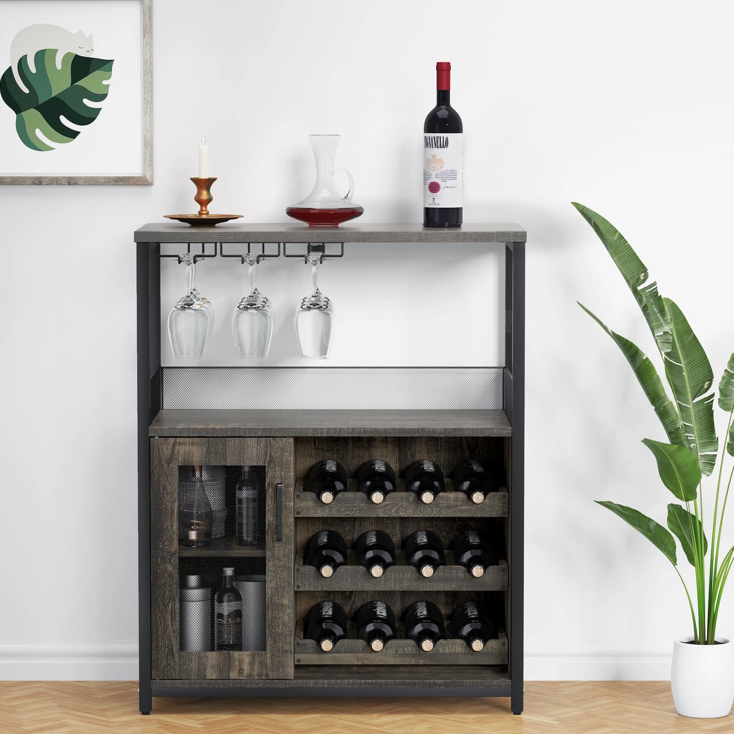 3-Tier Wine Bar Cabinet w/Adjustable Shelves & Glass Holders