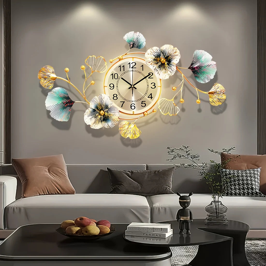 Golden Modern 3D Ginkgo Leaf Wall Clock, 37"x20 "