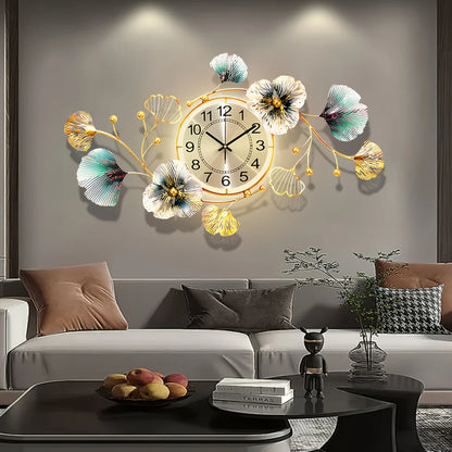Golden Modern 3D Ginkgo Leaf Wall Clock, 37"x20 "