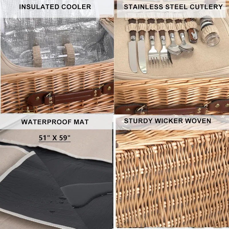 Multi-use Insulated Wicker Picnic Basket for 2 w/Blanket, Table