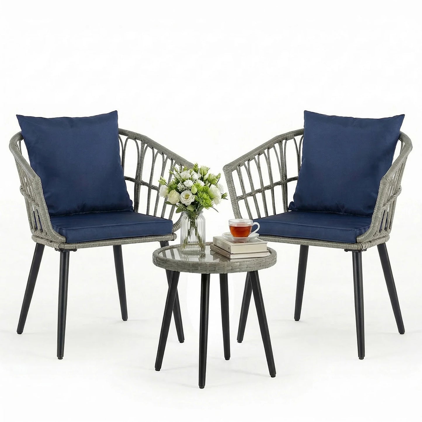 3pc Wicker Outdoor Set w/Soft Cushion, Glass Table