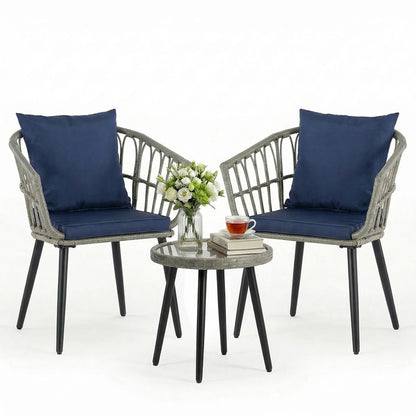 3pc Wicker Outdoor Set w/Soft Cushion, Glass Table