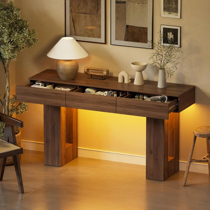 63" Console Rectangular Sofa Table w/Colorful LED Lights and 3 Drawers
