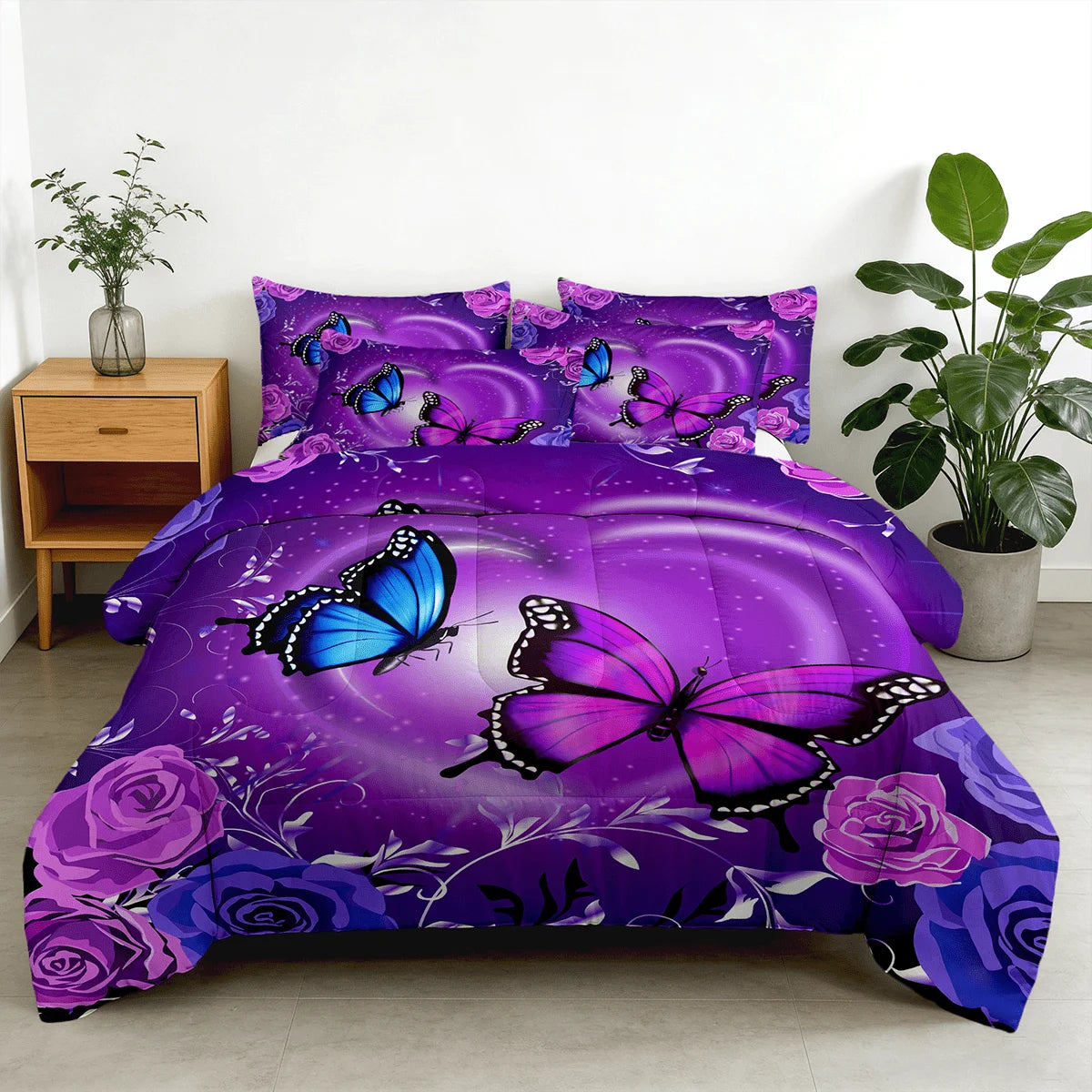 2/3pcs Purple Butterfly Rose Print Comforter Sets