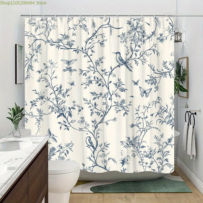 Vintage Floral Shower Curtain - Elegant Blue Branches & Birds