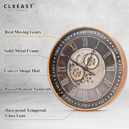 Antique Gold Roman Numeral 24" Moving Gears Wall Clock