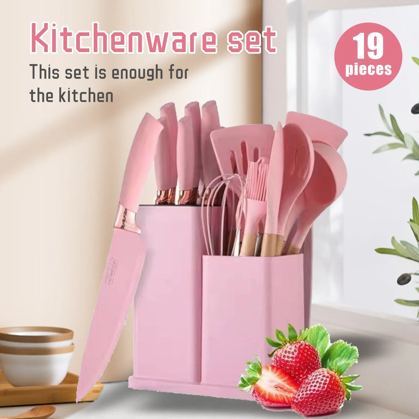 19pc Kitchen Knives and Silicone Utensils w/Holder