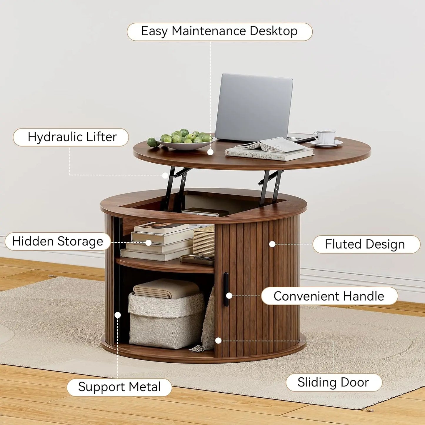 Fluted Round Lift Top Coffee Table w/Hidden Storage, Shelves