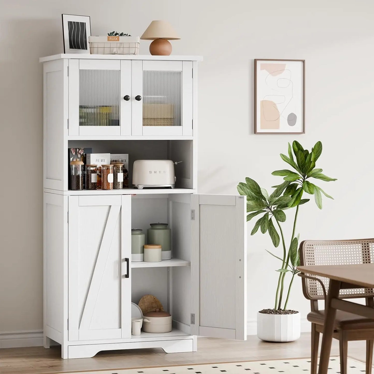 Free Standing Kitchen Pantry w/ 4 Doors, Tempered Glass