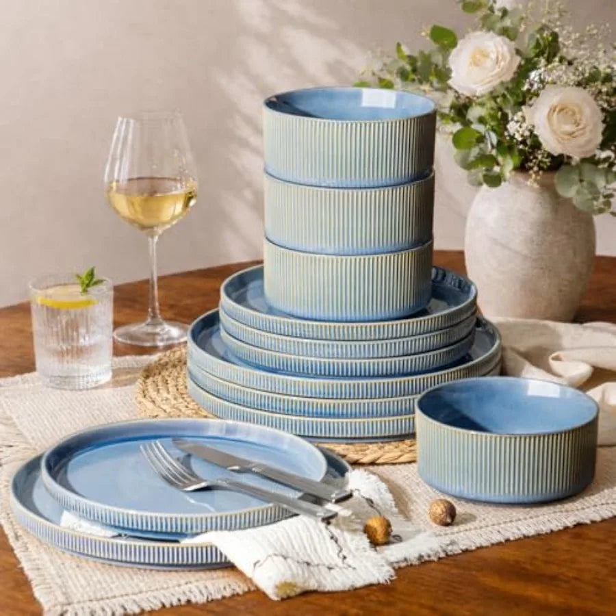 12pc Scratch-Resistant, Stoneware Set (4), Ribbed Ceramic Plates and Bowls