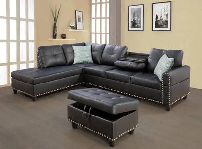 Modern L=shape 4-Seaters Couch w/Chaise Lounge, Ottoman & 2 Pillows