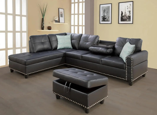 Modern L=shape 4-Seaters Couch w/Chaise Lounge, Ottoman & 2 Pillows