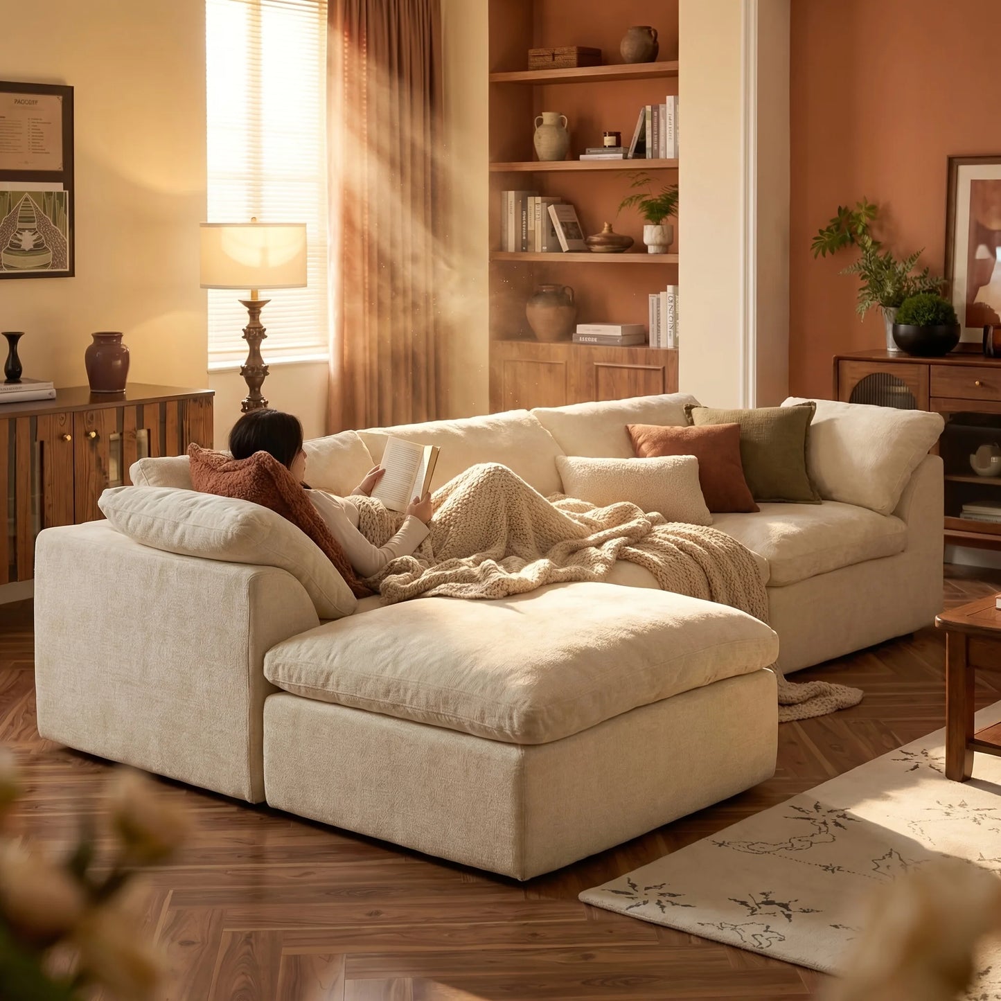 L-Shaped Modular Sofa, Boneless Design, Ultra-Soft Comfort, Ottoman