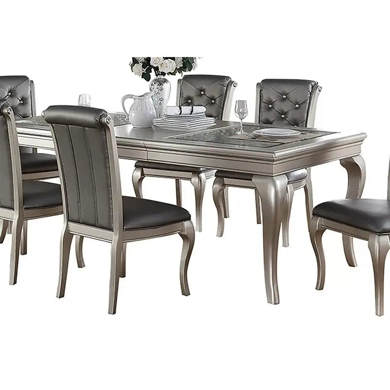 7pc Rect. Glass Dining Table, Silver Hue, 6 Tufted Side Chairs