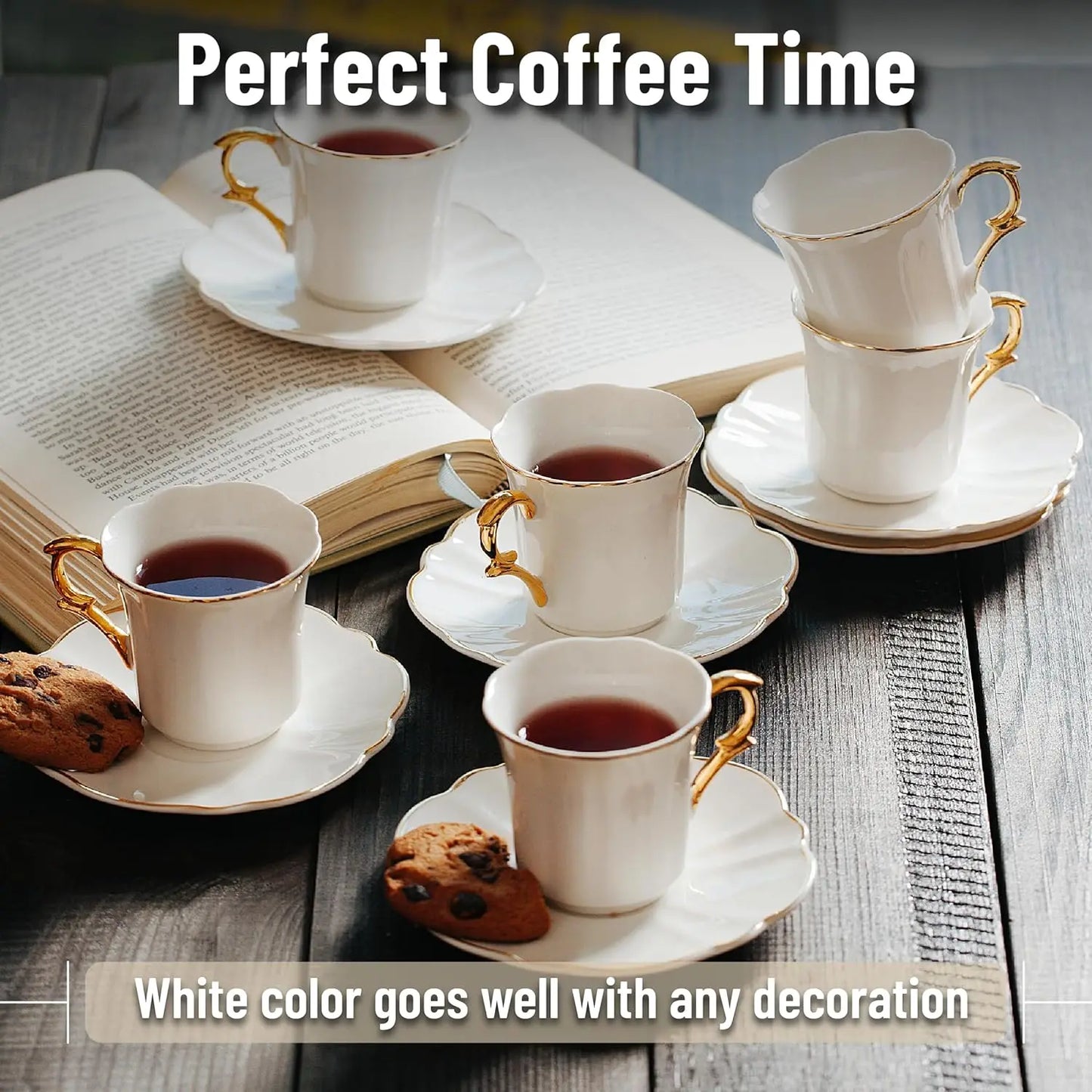 12pc Gold Rim Espresso Cup Set with Saucers, 3 oz Demitasse Cups