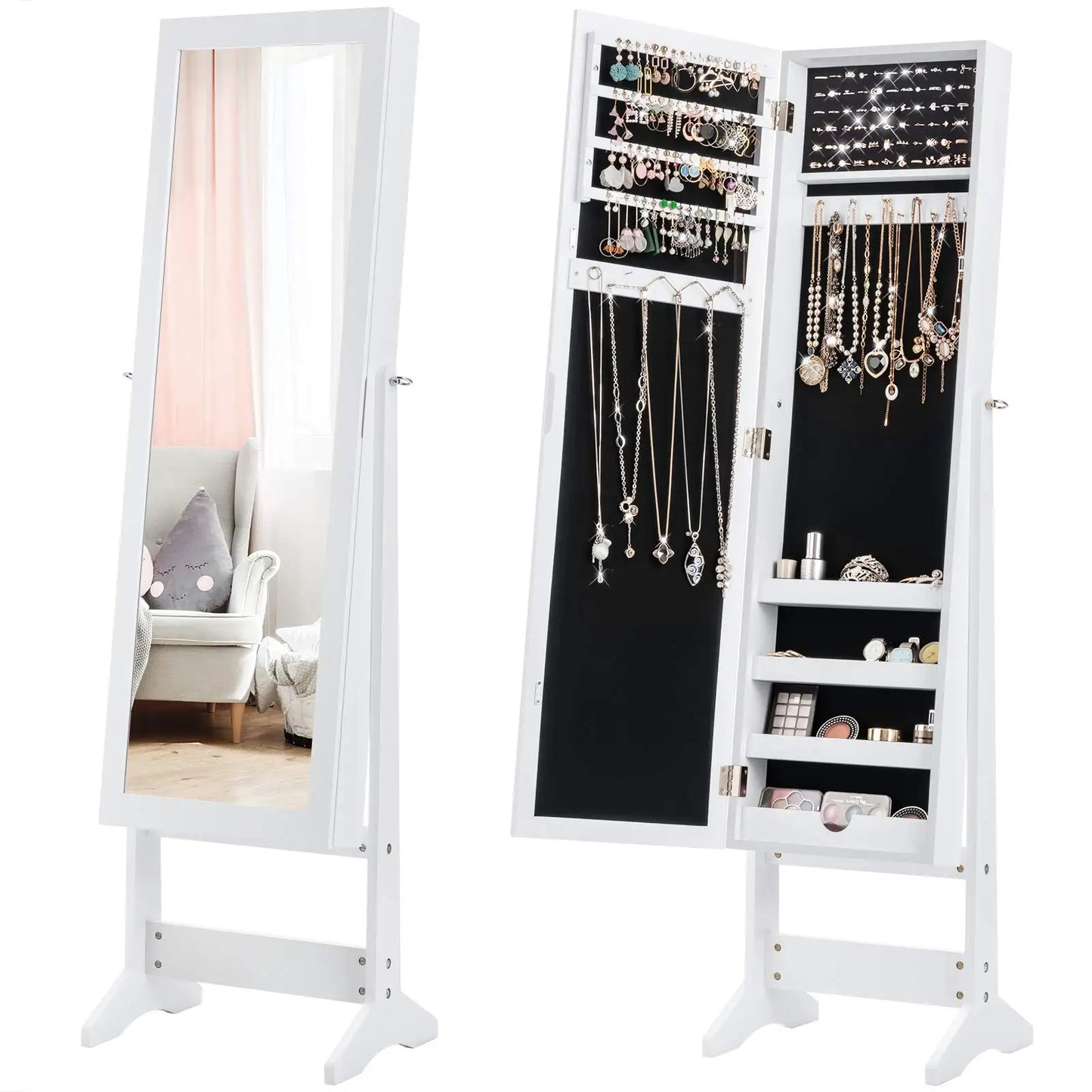 Adjustable Free-Standing Jewelry Armoire w/Full Length Mirror, 3 Positions