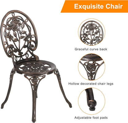 Set (3pc) Garden Furniture, Rose Pattern Aluminum Bistro Table