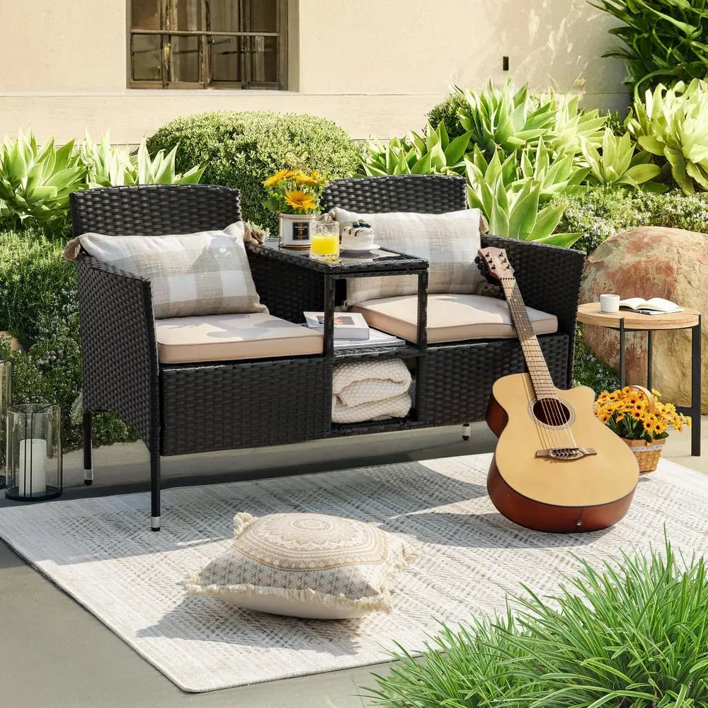 Modern Outdoor Patio Loveseat, with Cushions and Center Table