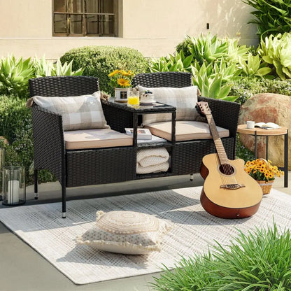 Modern Outdoor Patio Loveseat, with Cushions and Center Table