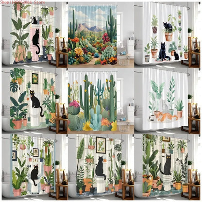 Cute Greenery Print Shower Curtain with Hooks