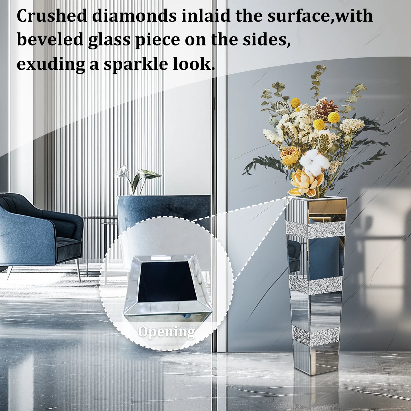 Tall Crystal Mirrored Diamond Floor Flower Vase