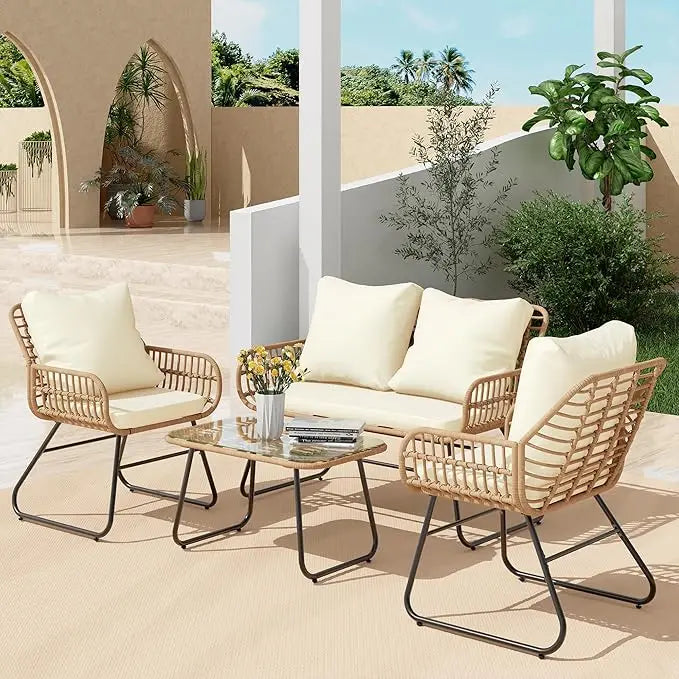 4pc Wicker Outdoor Furniture Set w/Cushions & Tempered Glass Table