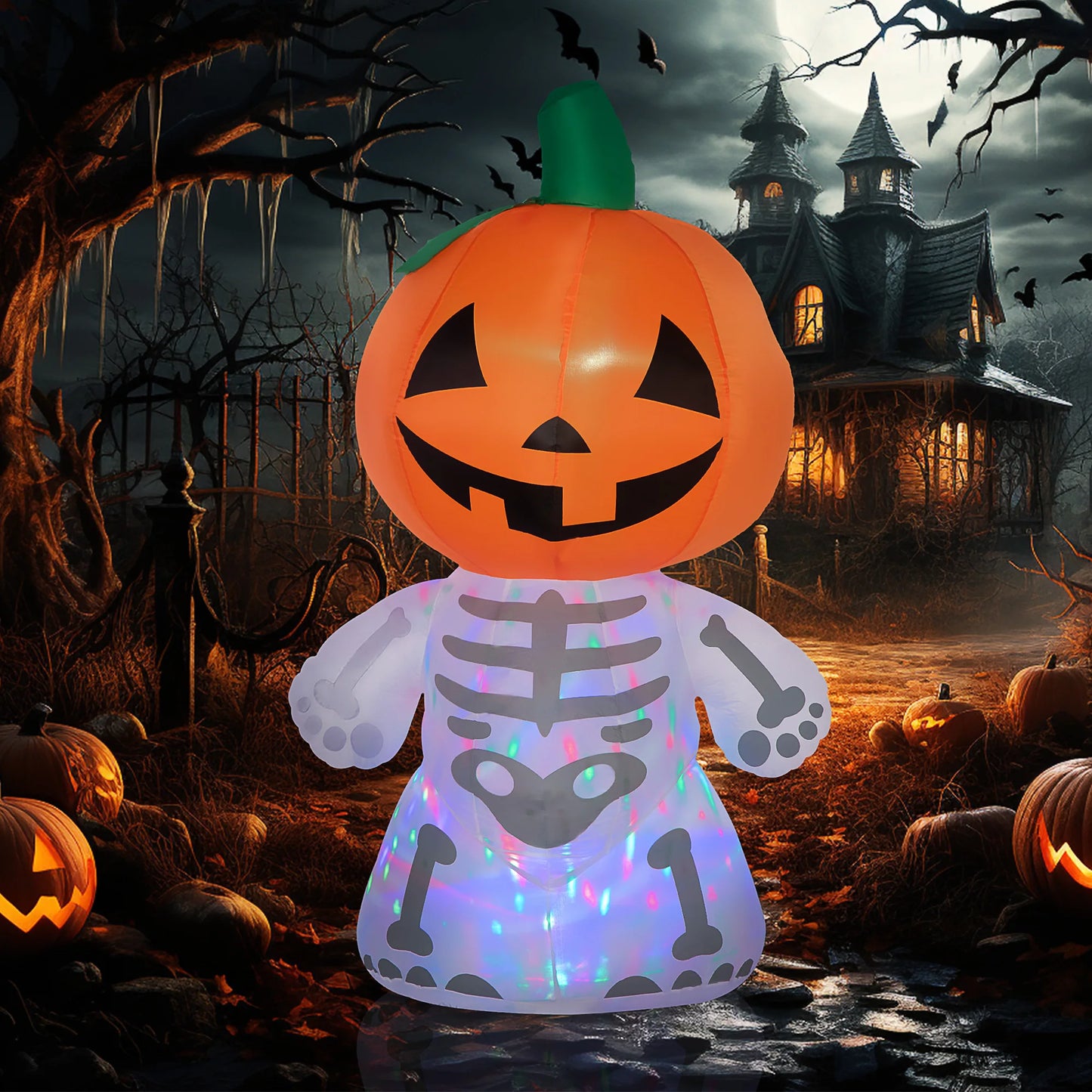 6ft Halloween Outdoor Inflatables, Smiling Skeleton Ghost with Pumpkin Head