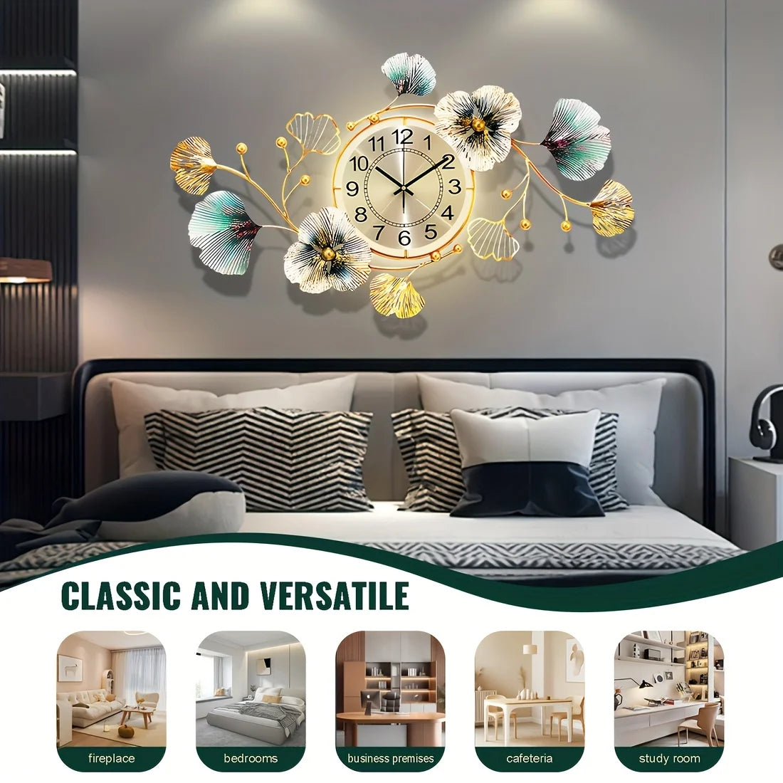 Golden Modern 3D Ginkgo Leaf Wall Clock, 37"x20 "