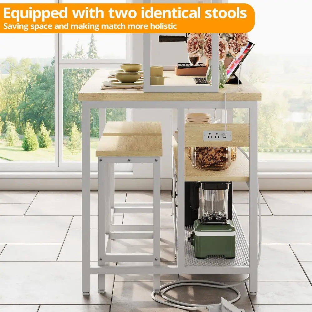 Kitchen Island w/Stools, Dining Table Set with Storage and Power Outlet