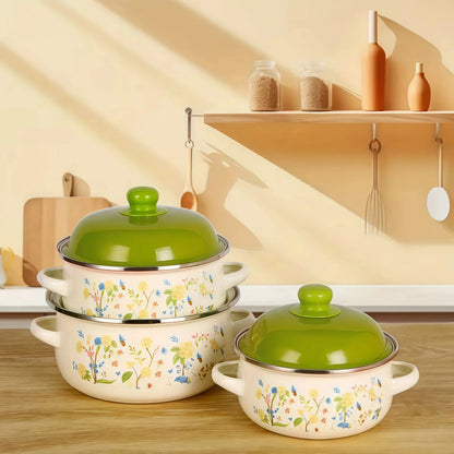 Retro 3pc Flat Bottom Vintage Enamel Stock Pot Set w/Lid, 34oz/51oz/68oz