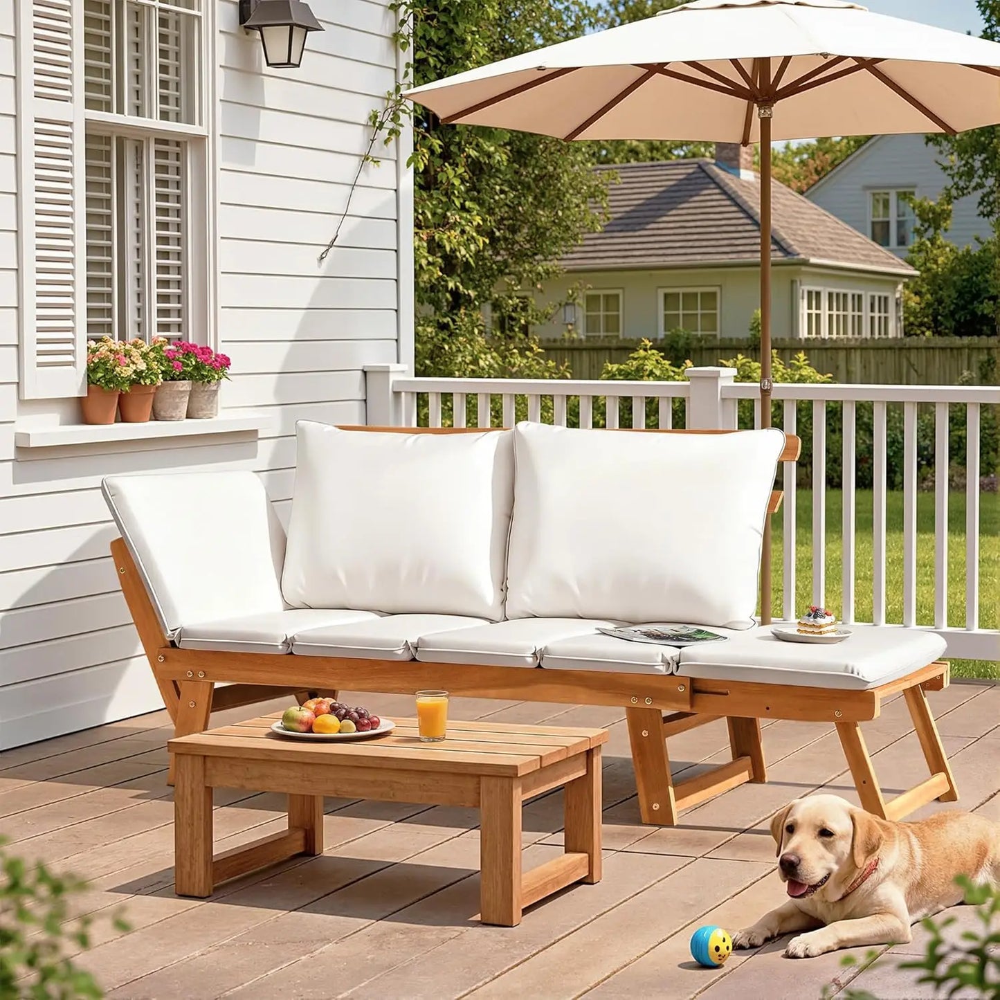Outdoor Loveseat, Soft Cushion, Laydown Convertible, Adjustable Armrest