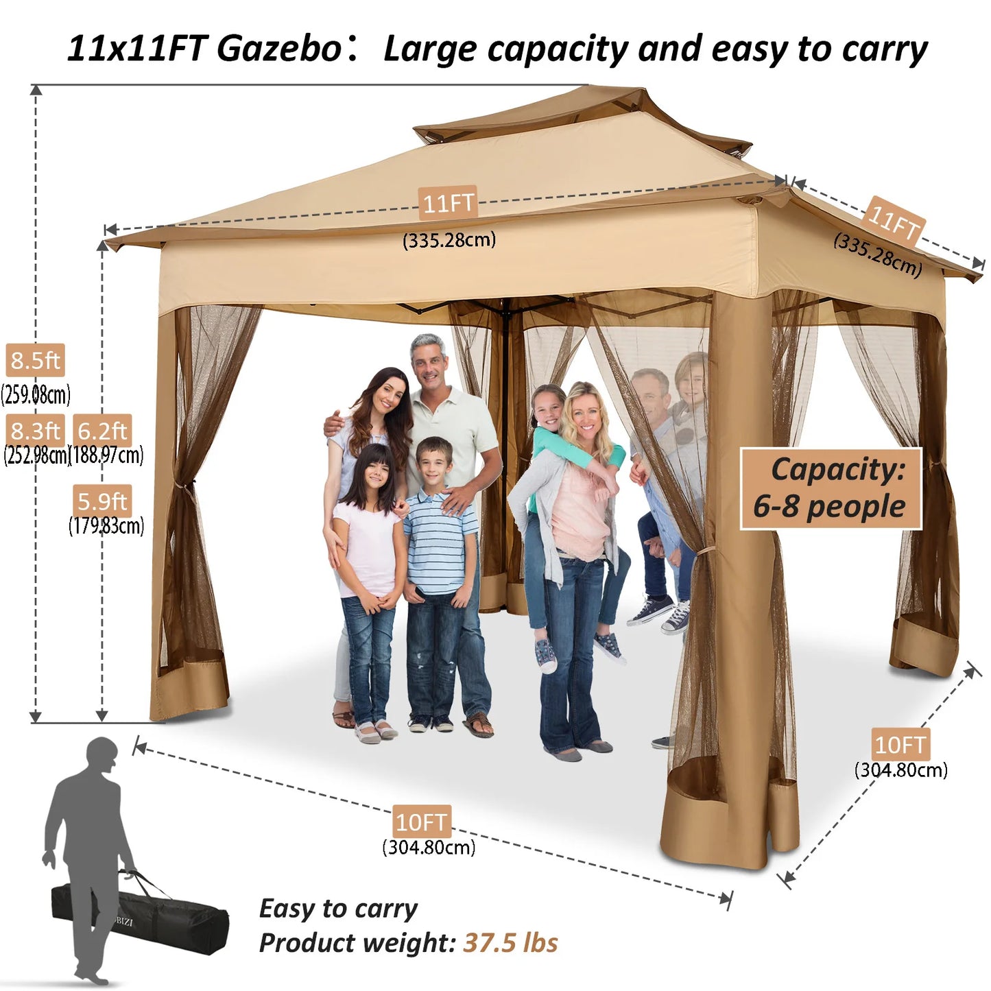 11x11 Pop Up Gazebo One-Push Canopy Tent with Mosquito Nettings