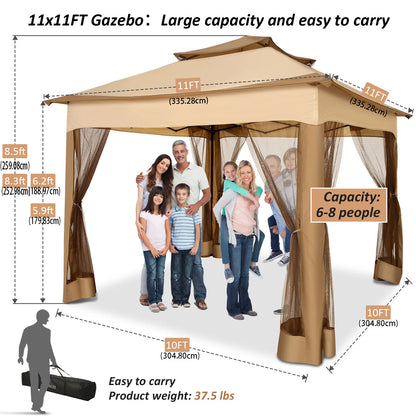 11x11 Pop Up Gazebo One-Push Canopy Tent with Mosquito Nettings