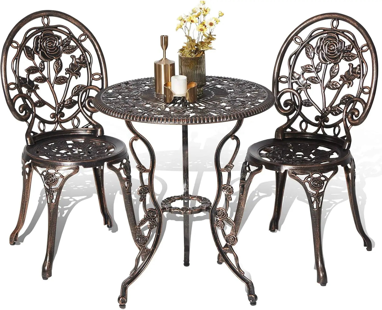 Set (3pc) Garden Furniture, Rose Pattern Aluminum Bistro Table