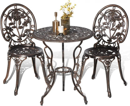 Set (3pc) Garden Furniture, Rose Pattern Aluminum Bistro Table