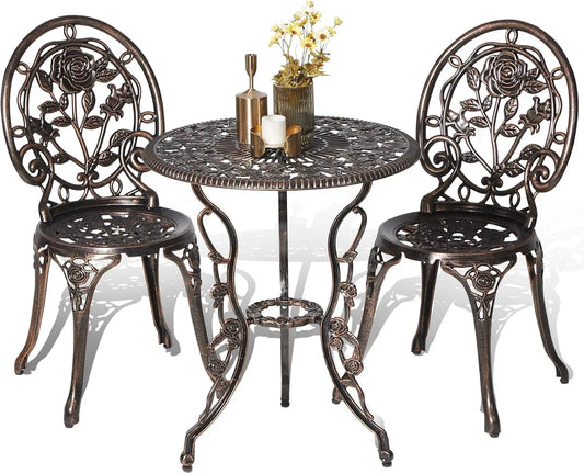 Set (3pc) Garden Furniture, Rose Pattern Aluminum Bistro Table