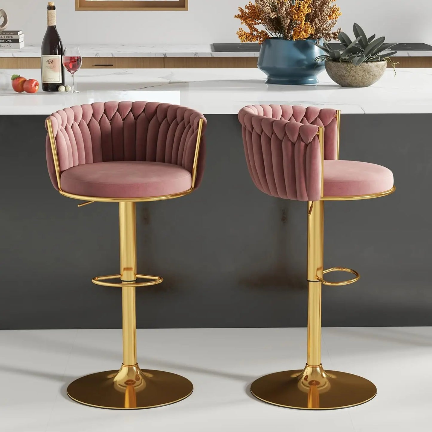Set of 2, Hand-Woven Barstools, Counter Height