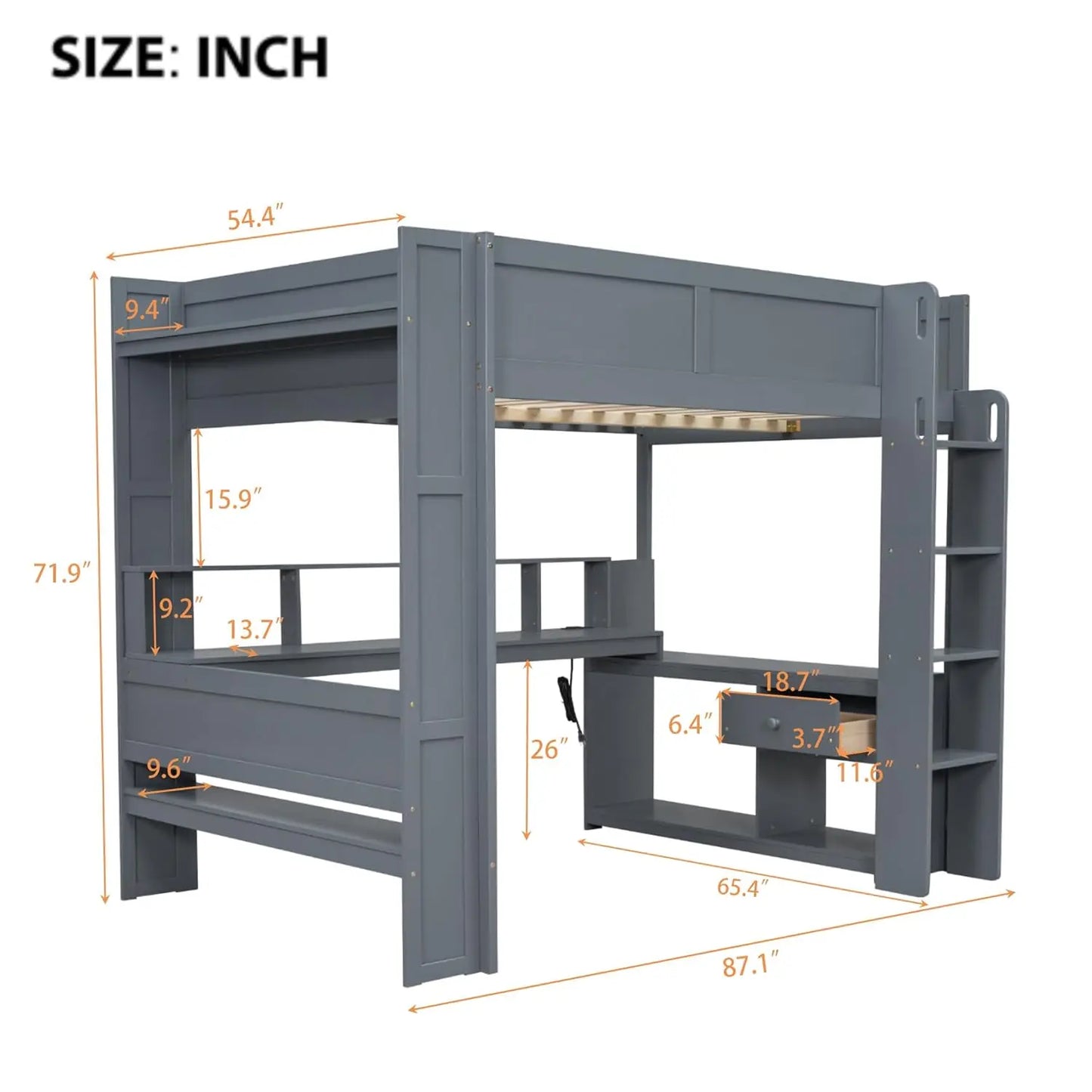 Full Wood Gaming Loft, Bed, Desk, Storage Shelves, LED, Charging