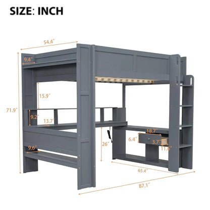 Full Wood Gaming Loft, Bed, Desk, Storage Shelves, LED, Charging