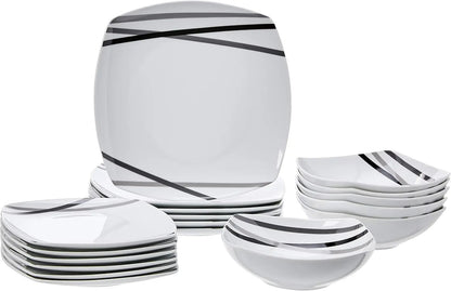 18pc Square Dinnerware Modern Beams Plates, Bowls, (6) Sets