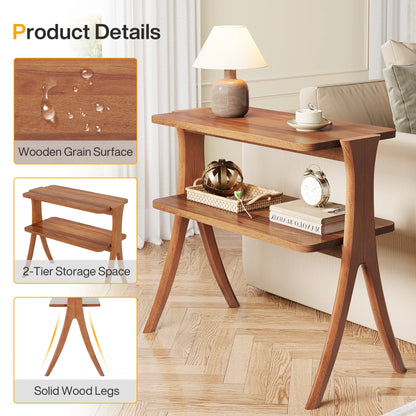 Walnut Side Table with 2-Tier Storage Shelf and Solid Wood Legs