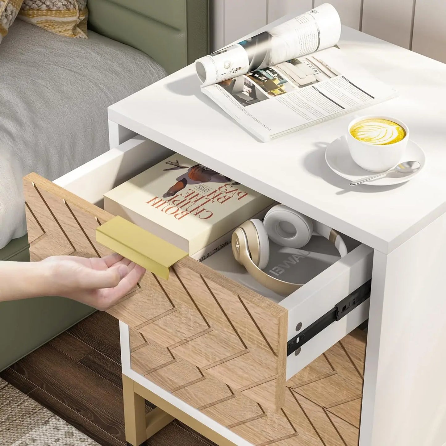 3 Drawers Nightstand w/Unique Chevron Design
