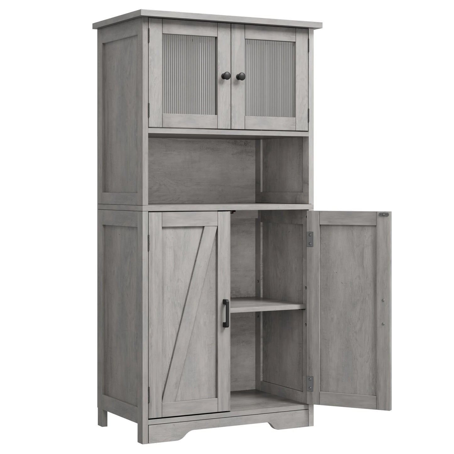 Free Standing Kitchen Pantry w/ 4 Doors, Tempered Glass
